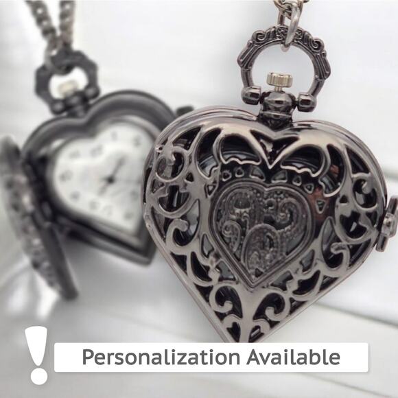 Black Heart Pendant Watch - Gothic Filigree Necklace Locket Watch Gift for Her - Picture 1 of 10